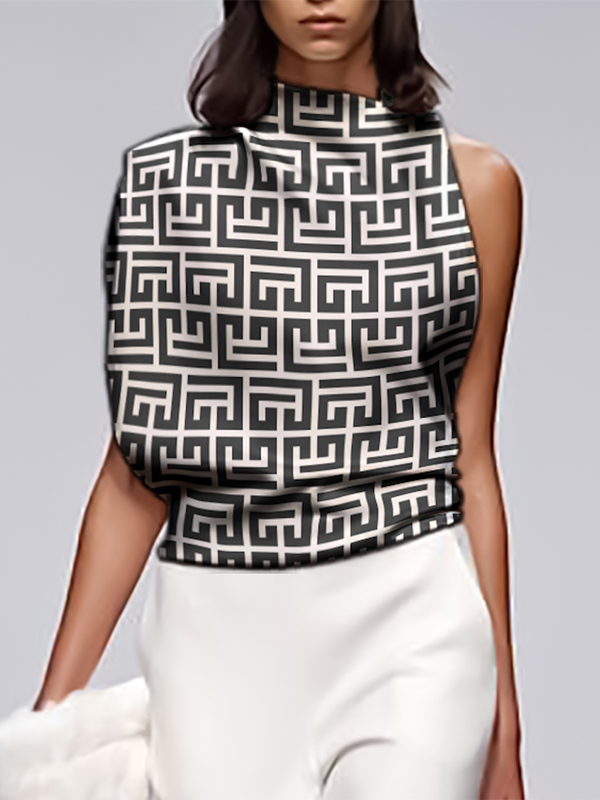 Loose Sleeveless Asymmetric Printed Stand Collar T-Shirts Tops