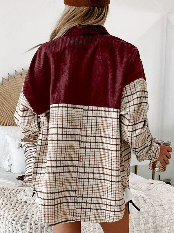 Buttoned Contrast Color Plaid Pockets Split-Joint Long Sleeves Loose Lapel Outerwear Jackets
