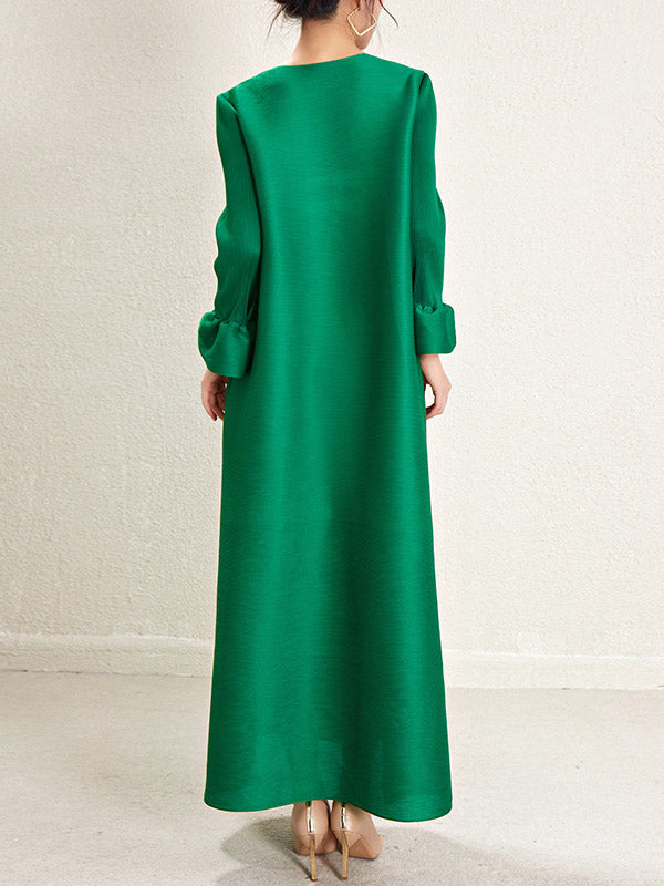 Pleated Solid Color A-Line Loose Round-Neck Maxi Dresses