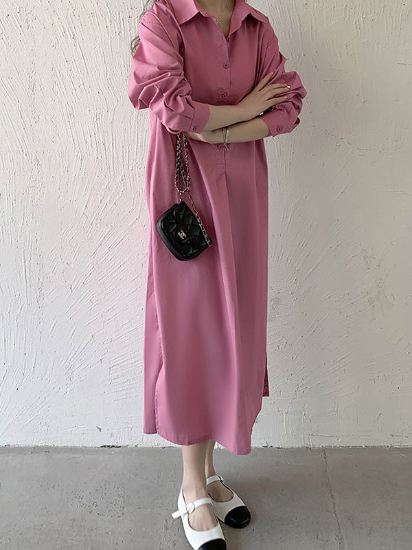 Urban Loose Solid Color Lapel Collar Shirt Midi Dresses