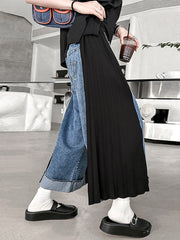 Contrast Color Pleated Split-Joint Loose Ninth Pants Wide Leg Jean Pants Bottoms