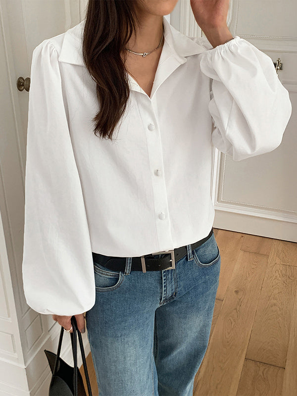 Buttoned Single-Breasted Solid Color Long Sleeves Puff Sleeves Lapel Blouses&Shirts Tops