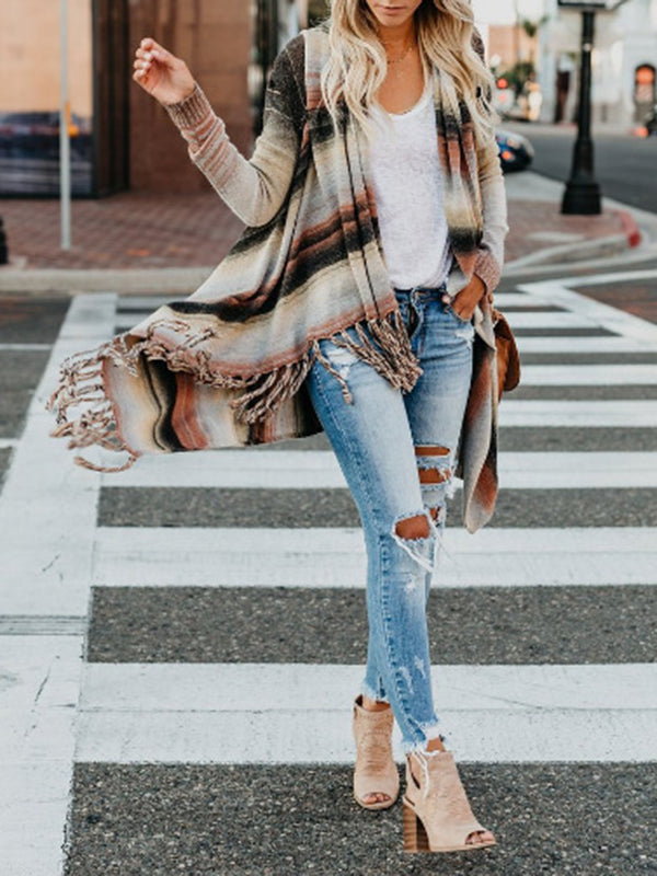 Buttoned Striped Tasseled Long Sleeves Loose Heaps Collar Cardigan Tops