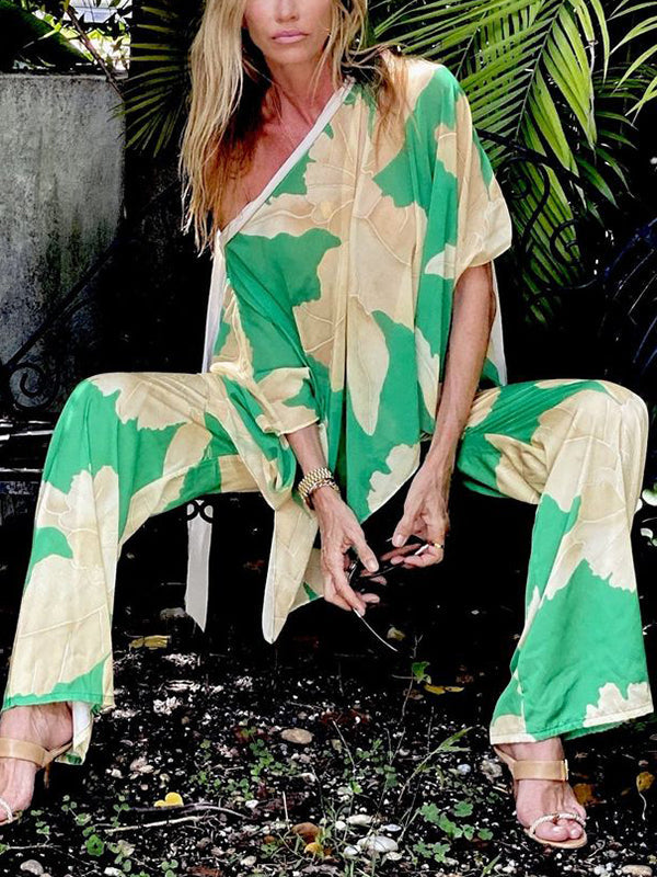 Flower Print Ribbon Loose Asymmetric One-Shoulder Shirts Top + Pants Bottom Two Pieces Set