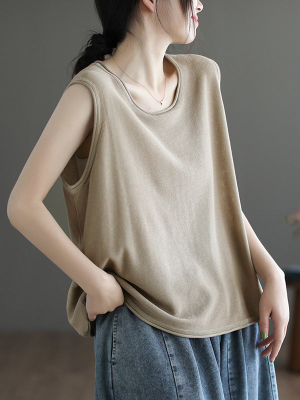 Solid Color Loose Sleeveless Round-neck Knitting Vest Top