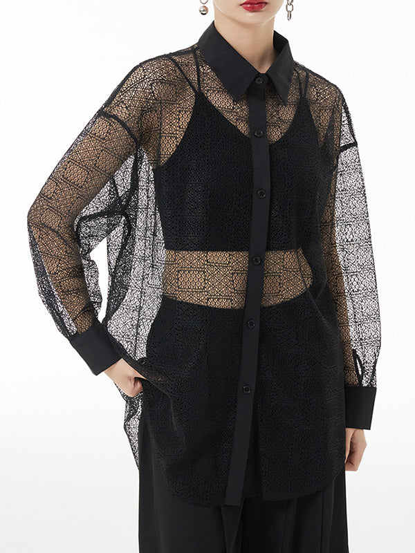 Lacy See-Through Solid Color Long Sleeves Loose Lapel Blouses&shirts Tops