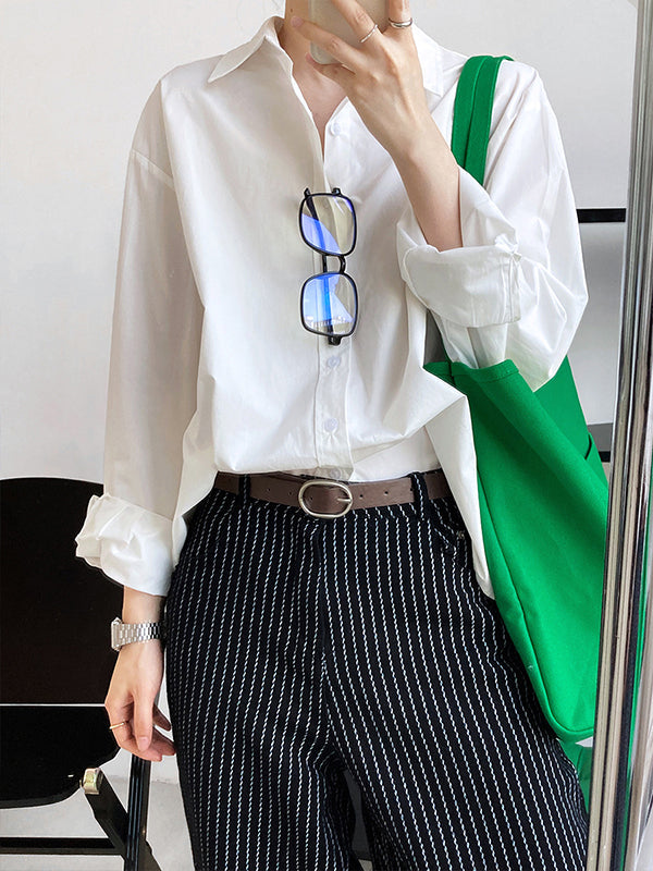 Simple Loose Long Sleeves Buttoned Solid Color Lapel Collar Blouses&Shirts Tops