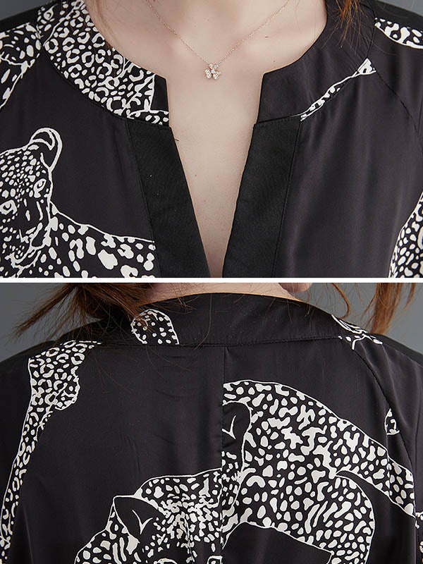 Vintage Original Floral Leopard Printed Split-Joint Tied V-Neck Half Sleeves Wide Leg Jumpsuits