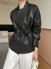 Belted Solid Color Long Sleeves Loose Stand Collar Outerwear Jackets