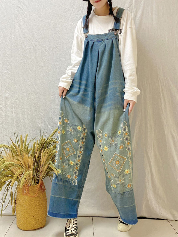 Vintage Denim Embroidered Wide Leg Jumpsuits