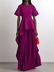 A-Line High Waisted Pleated Solid Color Split-Joint Round-Neck Maxi Dresses