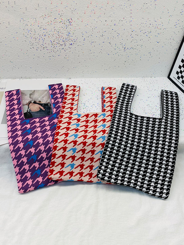 Contrast Color Houndstooth Cute Woven Handbag Bags