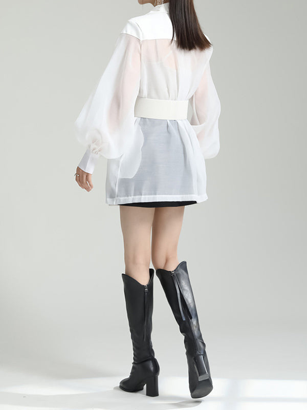 Belted See-Through Puff Sleeves Loose Lapel Blouses&shirts Tops