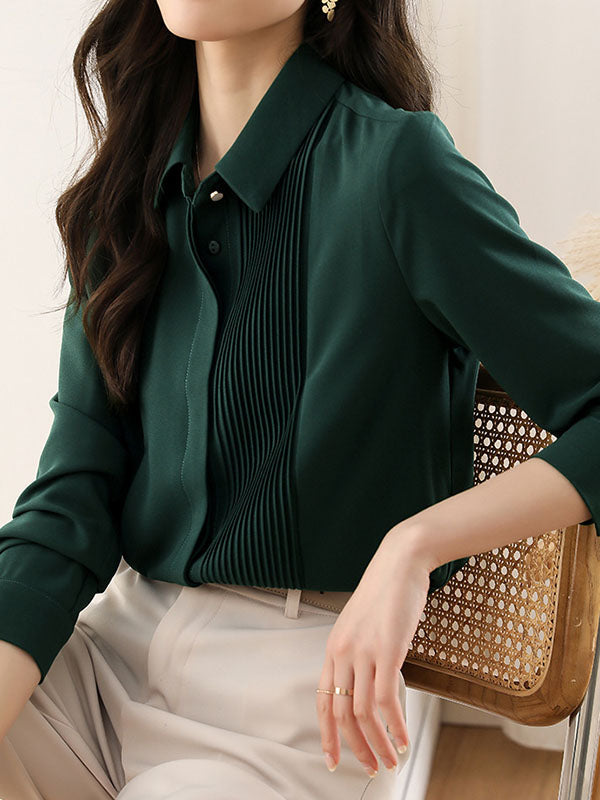 Buttoned Pleated Solid Color Long Sleeves Loose Lapel Blouses&Shirts Tops