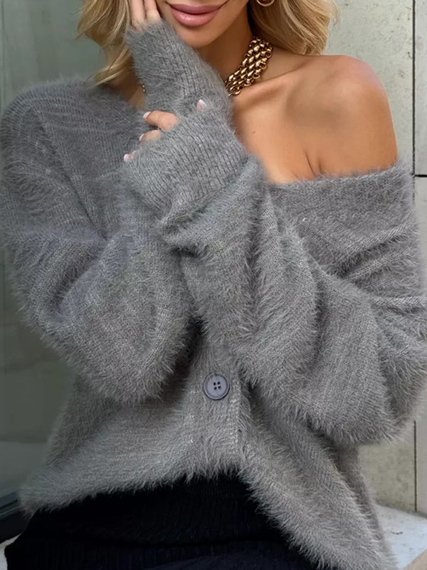 Buttoned Solid Color Long Sleeves Loose V-Neck Cardigan Tops