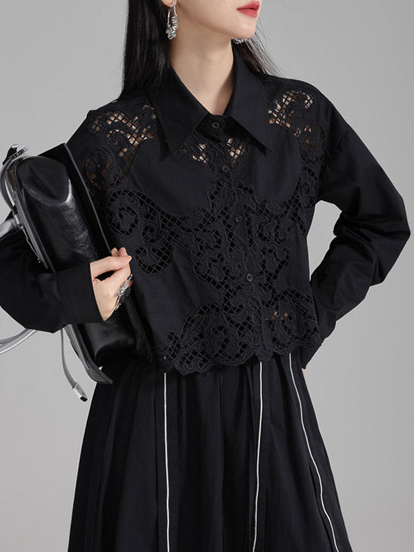 Buttoned Hollow Solid Color Long Sleeves Loose Lapel Blouses&Shirts Tops