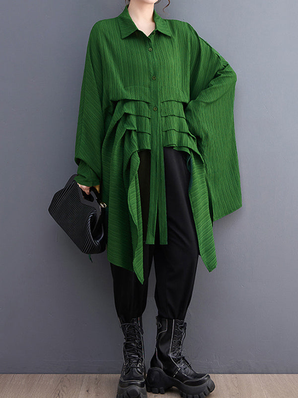 Pleated Solid Color Cropped Long Sleeves Lapel Blouses&shirts Tops