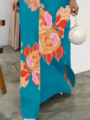 Printed Split-Joint Split-Side Long Sleeves Loose Lapel Shirt Dress Maxi Dresses