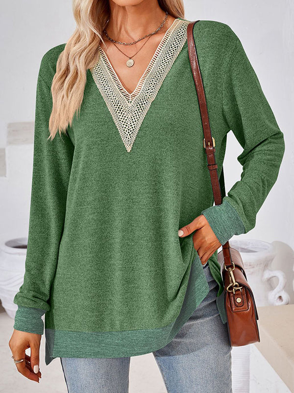 Hollow Split-Joint Split-Side Long Sleeves Loose V-Neck T-Shirts Tops