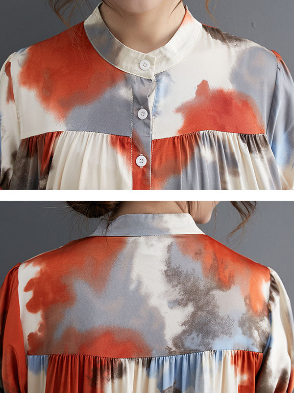 Printed Split-Joint Loose Short Sleeves Stand Collar Midi Dresses