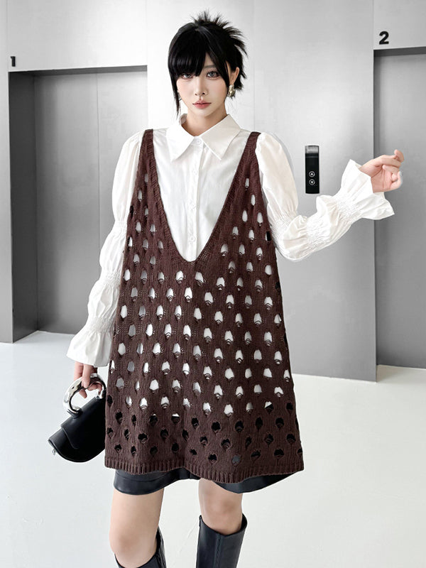 Hollow Solid Color Loose Sleeveless V-Neck Vest Top
