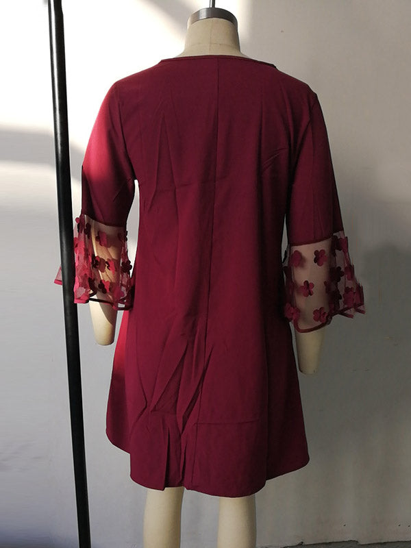 Mesh Polka-Dot Split-Joint Three-Dimensional Flower A-line Loose Round-neck Mini Dresses