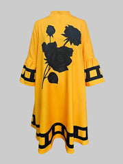 Flower Print Split-Joint A-Line Flared Sleeves Mock Neck Midi Dresses