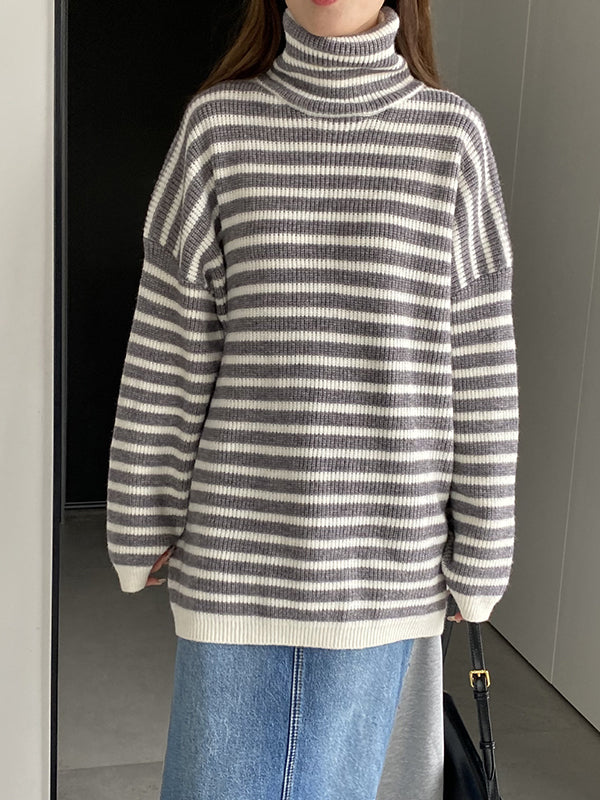 Striped Long Sleeves Loose High-Neck Sweater Pullovers Knitwear