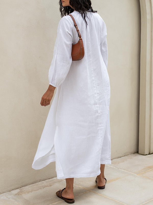 Pleated Solid Color Split-Joint Split-side Long Sleeves Loose Round-neck Shirt Dress Midi Dresses