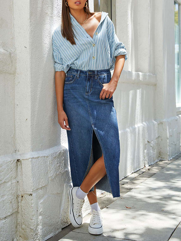 Fringed Pockets Split-Front A-Line High Waisted Skirts Bottoms