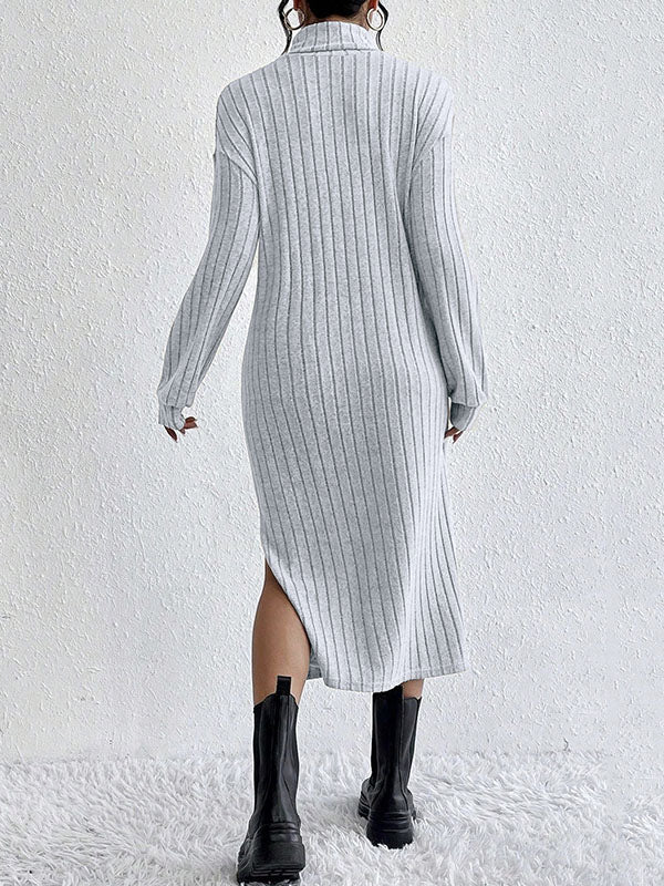 No Belt Solid Color Split-Side Long Sleeves Loose High Neck Midi Dresses