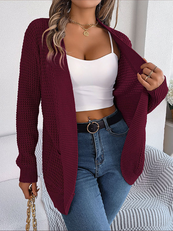 Pockets Solid Color Split-Joint Long Sleeves Loose Collarless Cardigan Tops