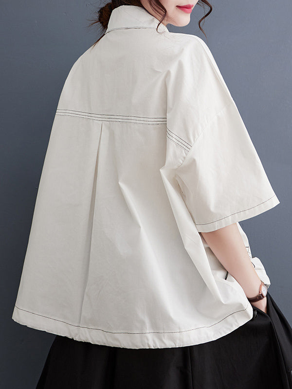 Contrast Color Printed Split-Joint Loose Short Sleeves Lapel Blouses