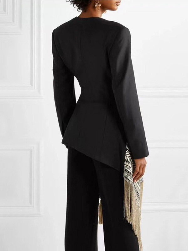Asymmetric Embroidered Split-Joint Tasseled Tied Long Sleeves Loose V-Neck Outerwear Blazer
