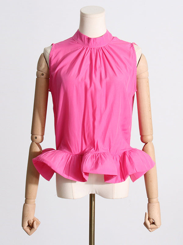 Pleated Ruffled Solid Color High Waisted High-Low Mock Neck Two Pieces Set