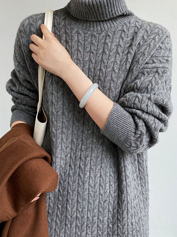 Stylish Loose Long Sleeves Solid Color High-Neck Twist Sweater Dresses