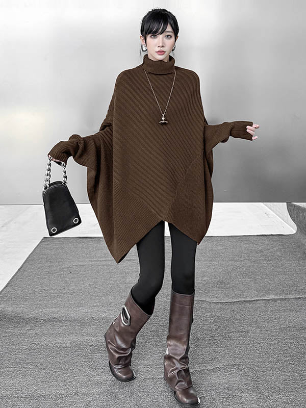 Asymmetric Ribbed Knit Solid Color Split-Joint Batwing Sleeves Irregularity High Neck Sweater Tops