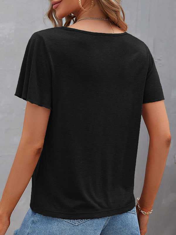Hollow Solid Color Split-Joint Loose Plus Size V-Neck T-Shirts Tops