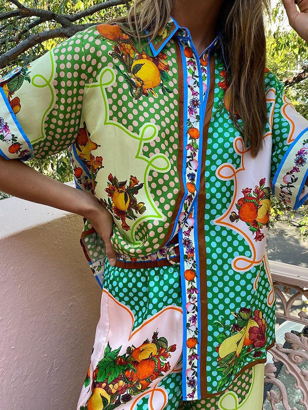 Contrast Color Floral Printed Loose Short Sleeves Lapel Shirt Top&Pants Two Pieces Set