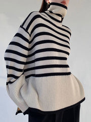 Contrast Color Pleated Split-Joint Split-Side Striped Patterns Long Sleeves Loose High Neck Sweater Tops