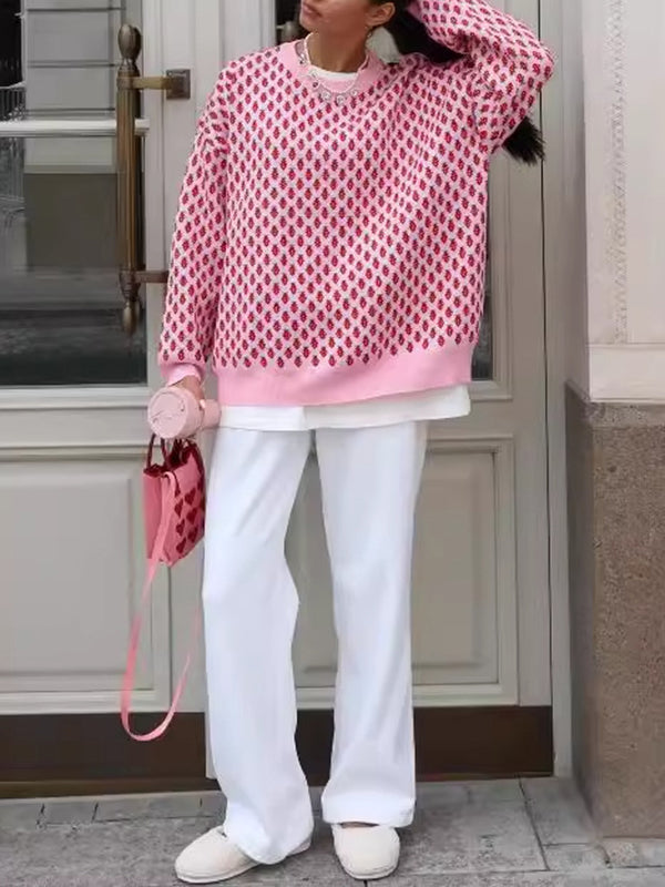 Pleated Split-Joint Long Sleeves Loose Round-Neck Sweater Tops