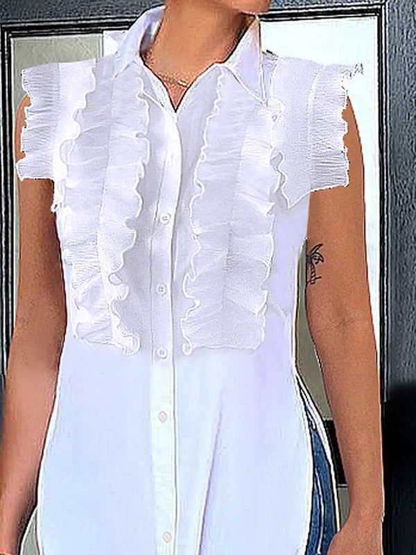 Ruffled Split-Joint Split-side Cap Sleeve Loose Lapel Blouses&shirts Tops