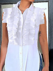 Ruffled Split-Joint Split-side Cap Sleeve Loose Lapel Blouses&shirts Tops