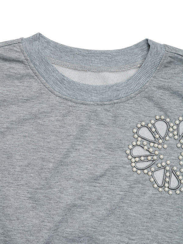 Asymmetric Hollow Split-Joint Loose Puff Sleeves Round-Neck Sweatshirt Tops