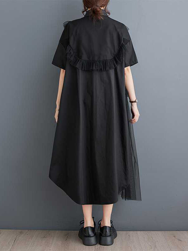 Asymmetric Buttoned Ruffled Solid Color Split-Joint A-Line Half Sleeves Lapel Shirt Dress Midi Dresses