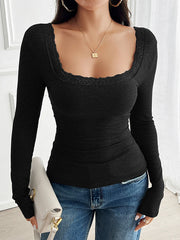 Crochet Solid Color Long Sleeves Skinny Square-Neck T-Shirts Tops