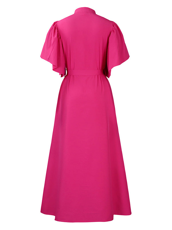 Pleated Solid Color Split-Joint Tied Waist Flared Sleeves Loose Stand Collar Shirt Dress Maxi Dresses