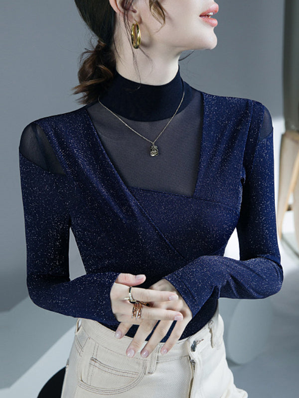 Asymmetric Mesh See-Through Shiny Split-Joint Long Sleeves Skinny Half Turtleneck Blouses&shirts Tops