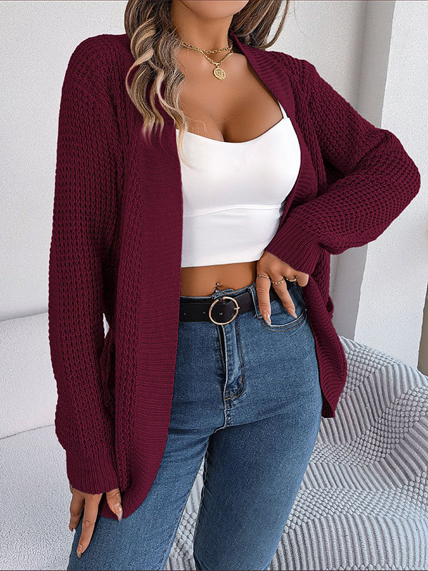 Pockets Solid Color Split-Joint Long Sleeves Loose Collarless Cardigan Tops
