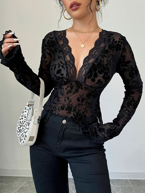 Solid Color Flared Sleeves Long Sleeves Deep V-Neck T-Shirts